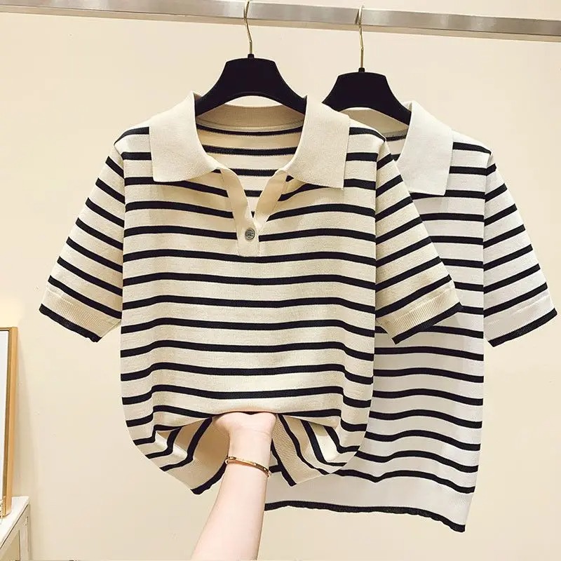 Vintage Collectible Buttons - Women Clothing Fashion Polo-neck Striped Short